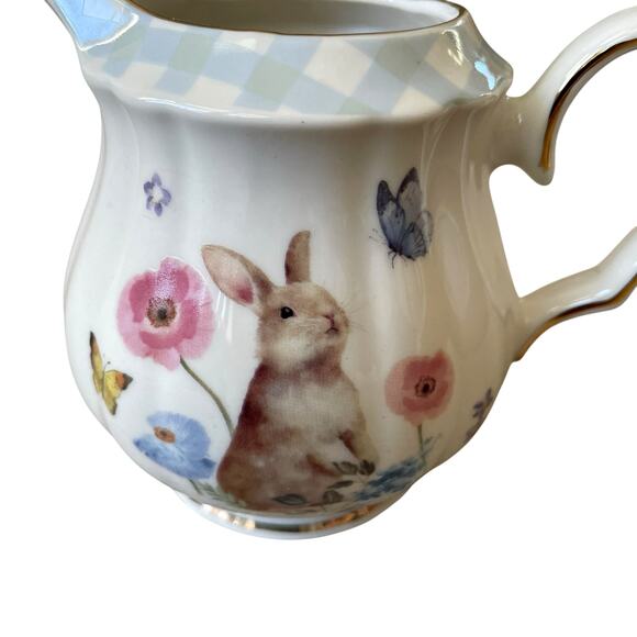 Grace Teaware Floral Gingham Bunny Fine Porcelain Creamer NEW - Picture 3 of 12